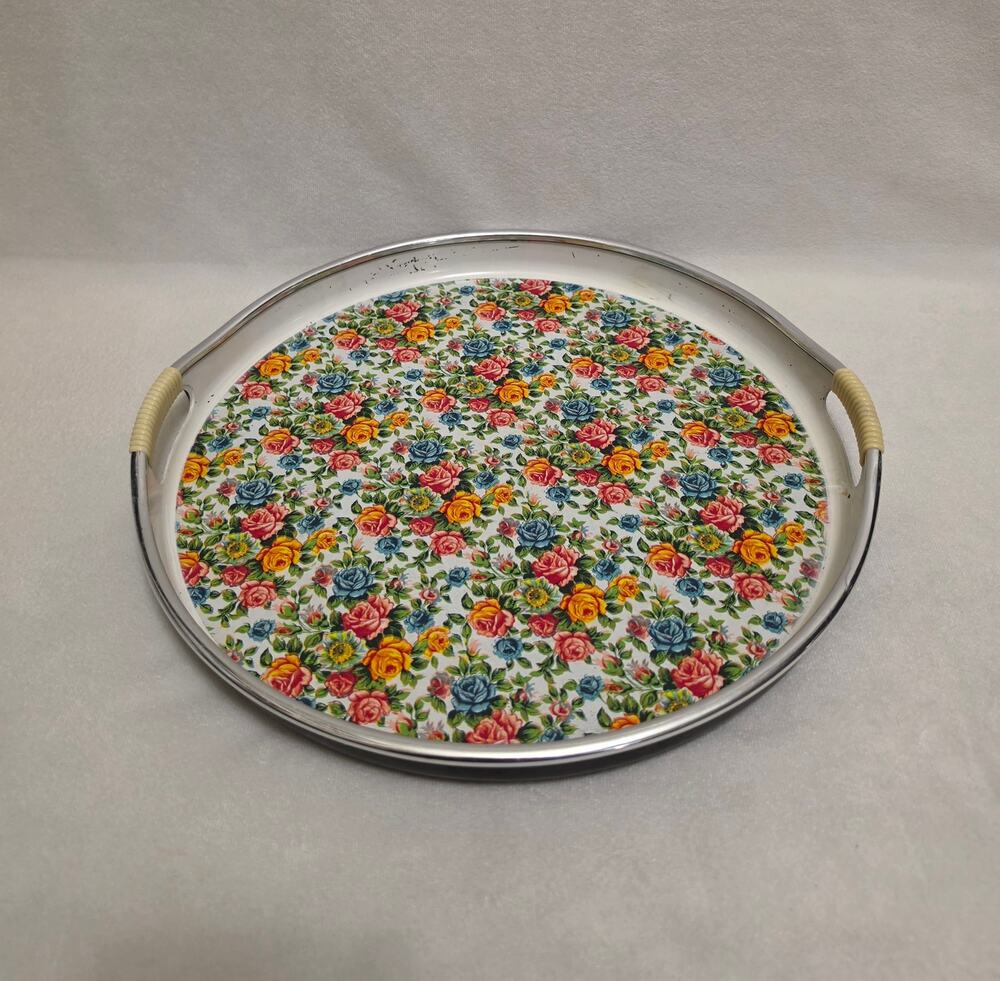 Vintage Sun Home Round Floral Serving Tray Metal Handles Colorful Flower Pattern